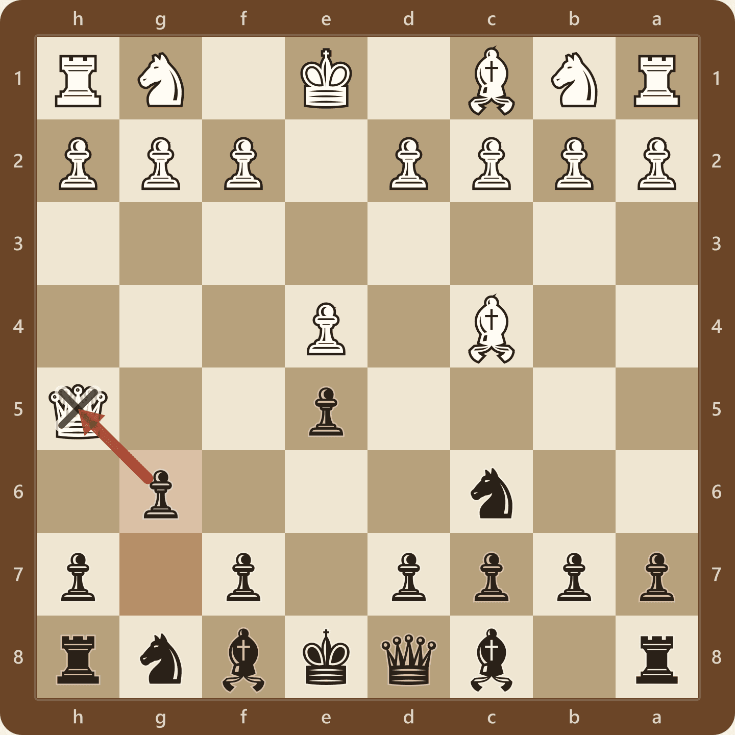 The Wayward Queen Attack after 3...g6, seen from Black's side, with the g6 pawn attacking White's queen on h5