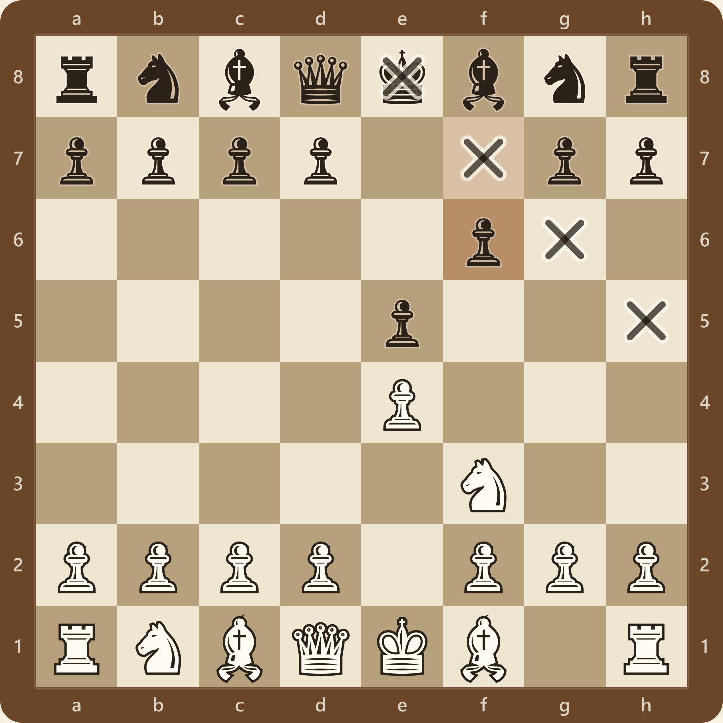 The Damiano Defense after 1.e4 e5 2.Nf3 f6. Black's f-pawn props up e5 but opens the diagonal running from h5 down to the black king on e8.
