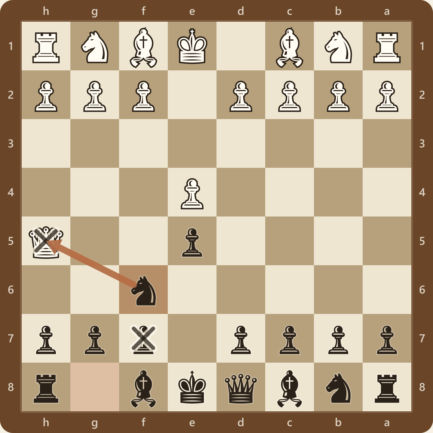 The answer to the Wayward Queen Attack after 1.e4 e5 2.Qh5 Nf6, seen from Black's side, with the knight developing, covering the h5 queen and leaving f7 guarded